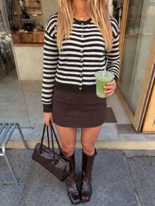 Fashion Plus Size Striped Cardigan For Women, Long Sleeve Knit Top, Autumn/Winter Essential, Comfortable & Warm - Brown - View 2
