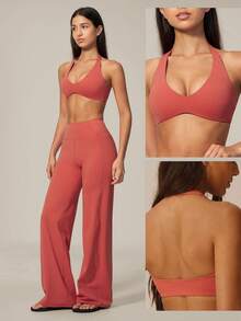 Sodalemon Women's Halter Neck Backless Thick Padded Sports Bra, Pilates Yoga Cropped Top, Running Training Gym Workout Wear - Red - View 7
