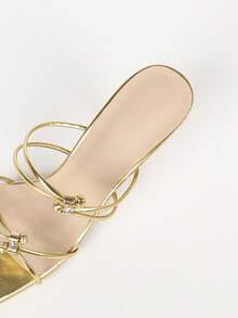 Women Metallic Gold Square Open Toe Heeled Sandals, Thin Straps Rhinestone Decor Stiletto Slip-On Party Mules - Gold - View 9