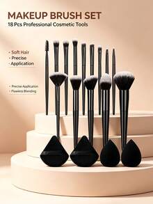 18pcs Makeup Brush Set, Includes 14pcs Face Makeup Brushes + 2pcs Triangle Powder Puffs + 2pcs Makeup Sponges, Soft Fiber Material, Non-Absorbent Makeup Tool Set - Black - View 2