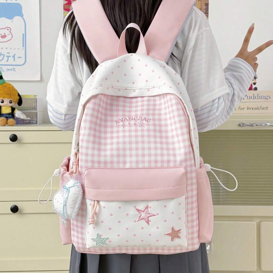 Sweet & Cute Style Backpack, Bowknot Plaid Design, Lightweight Large Capacity Multi-Pocket Student School Bag, College Commuter Bag, Daily Travel Short Trip Shopping Outdoor Leisure Backpack, Suitable For School Back To School Office Commute Holiday Gift
