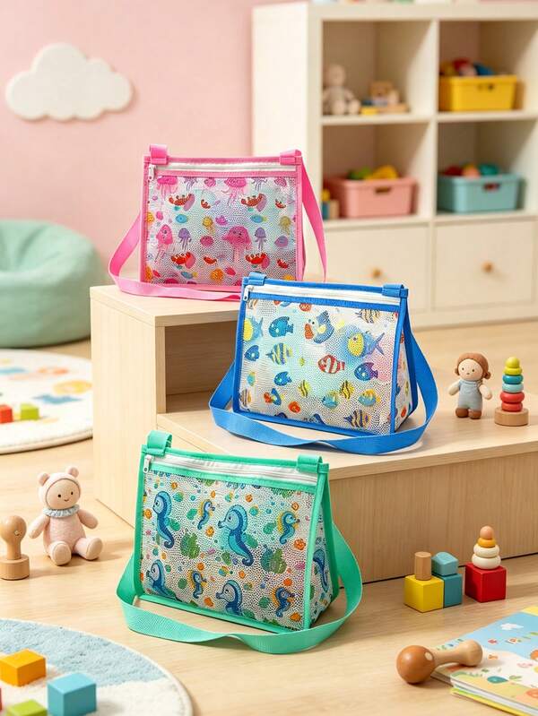 Cartoon Print Mesh Bag Shell Toy Storage Mesh Bag Multi-Functional Large Capacity Storage Bag Handheld Mesh Drainage Storage Bag