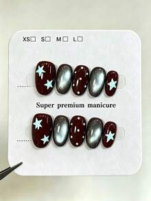 10pcs Pure Handmade Medium Oval Press On Nails, Y2k Vintage Cool Style, Chocolate Brown Base, Light Blue Star & White Dot, Silver Cat Eye Patterns For Women And Girl,Spring Summer Fall Winter Festivals Party And Daily Life Use - Chocolate Brown - View 1