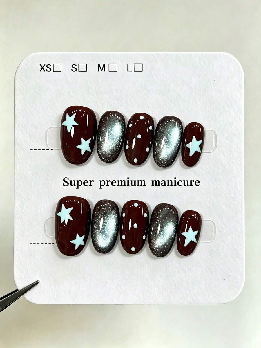 10pcs Pure Handmade Medium Oval Press On Nails, Y2k Vintage Cool Style, Chocolate Brown Base, Light Blue Star & White Dot, Silver Cat Eye Patterns For Women And Girl,Spring Summer Fall Winter Festivals Party And Daily Life Use - Chocolate Brown - View 1