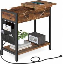 Mesa Auxiliar con Almacenamiento, con Puertos USB y Tomacorrientes, Mesita de Noche con Estación de Carga, Bolsas de Tejido, para Sala de Estar, Habitación, Rustico Marrón y Negro ULET310B01V1 - Negro - Ver 1