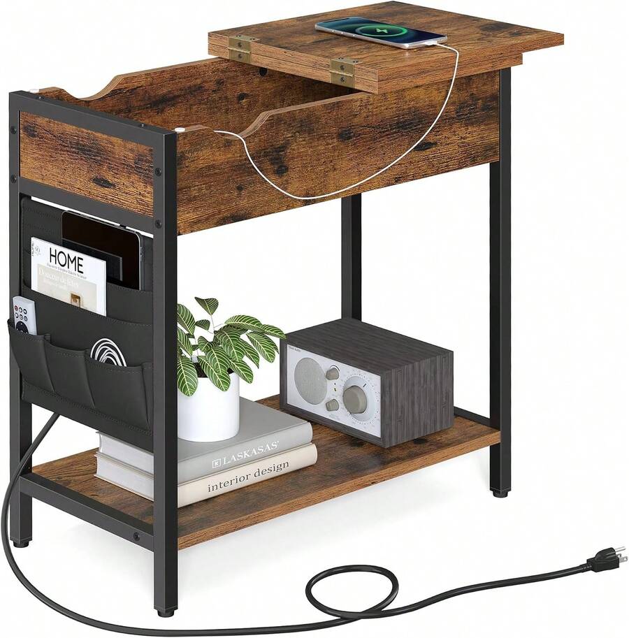 Mesa Auxiliar con Almacenamiento, con Puertos USB y Tomacorrientes, Mesita de Noche con Estación de Carga, Bolsas de Tejido, para Sala de Estar, Habitación, Rustico Marrón y Negro ULET310B01V1 - Negro - Ver 1