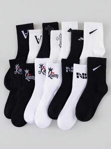 Men's 5/10 Pairs Letter & Crown Print Mid Calf Socks, Casual Breathable Sports Crew Socks, Black White Mixed Pack - Multicolor - View 1