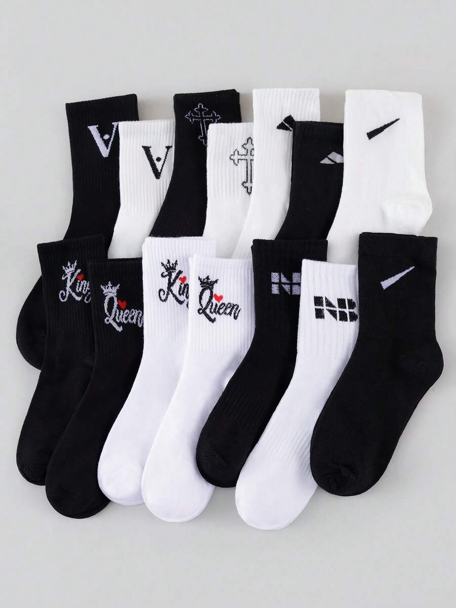 Men's 5/10 Pairs Letter & Crown Print Mid Calf Socks, Casual Breathable Sports Crew Socks, Black White Mixed Pack - Multicolor - View 1