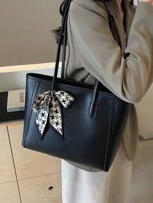 Women Solid Large Capacity Tote Bag, Houndstooth Bow Decor Shoulder Handbag, Casual Commuter Top Handle Bag - Black - View 3
