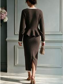 Women's French Contrast Trim Ribbed Knit Set, V Neck Peplum Cardigan & High Waist Midi Fishtail Skirt, Elegant Office Commuter Wear - Coffee Brown - View 8