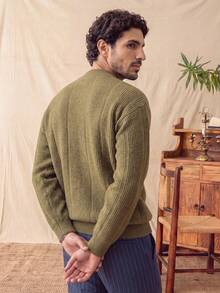 glestore Men's Vintage "Old Money Style" Solid Color Front Button Pullover Sweater, Casual & Comfortable, Classic All-Season Versatile Piece - Olive Green - View 3