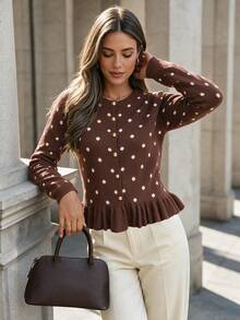 Women's Fashion Polka Dot Short Cardigan, Long Sleeve Round Neck Flared Hem Sweater, Create Vintage Autumn Look - Multicolor - View 4