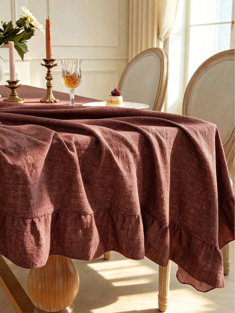 1pc Solid Color Faux Linen Tablecloth With Ruffle Hem Decor, Polyester Fabric, Rectangular/Square Tablecloth For Dining Room, Living Room Tabletop Decoration - Coffee Brown - View 1