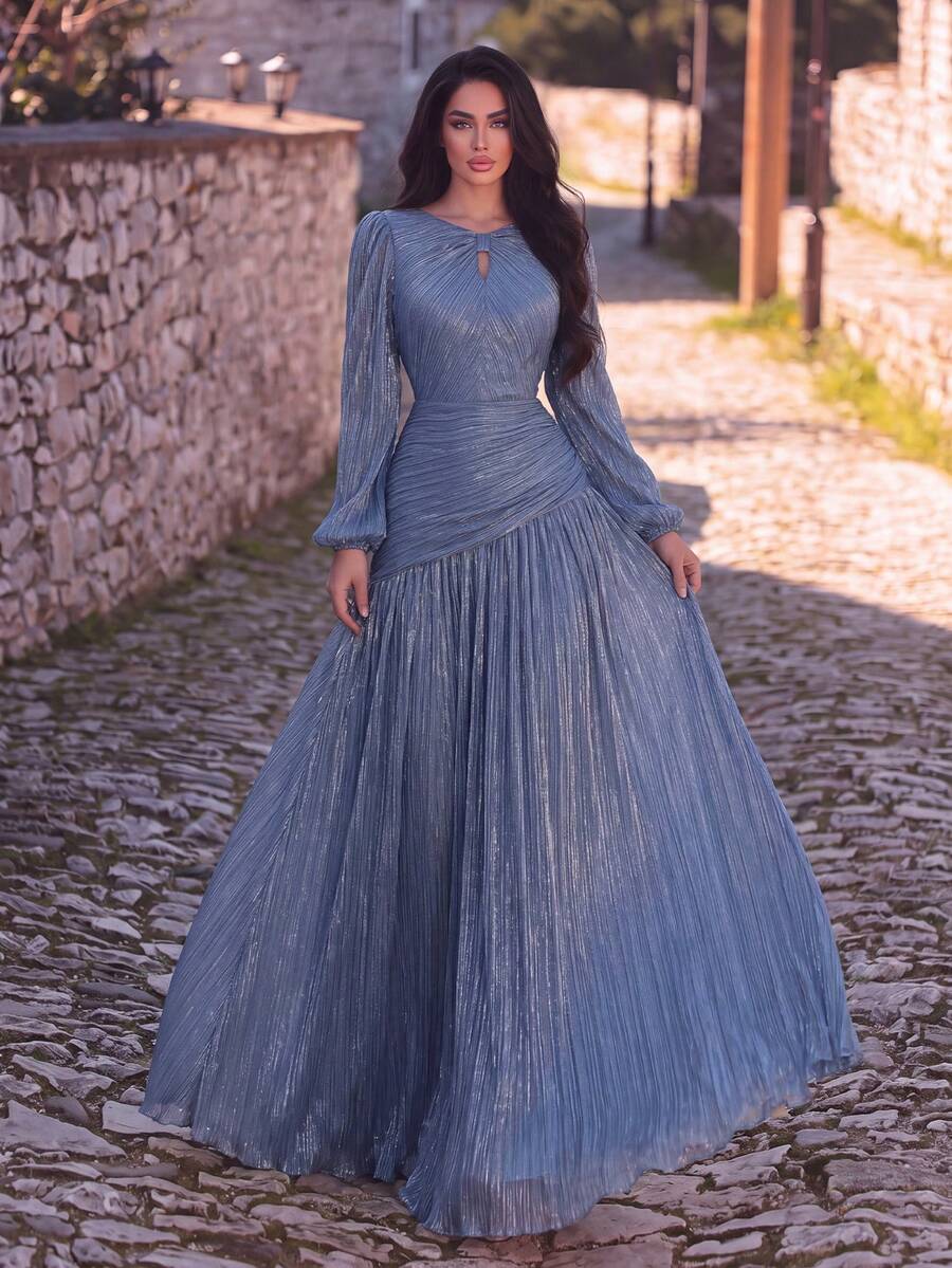 Gaun Malam Elegan dengan Leher Bulat dan Potongan Depan, Cocok untuk Pernikahan, Gala, Ulang Tahun, dan Pesta Acara Formal Musim Gugur. - Dusty Blue - View 1