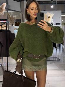 2026 Women's Comfortable Green Chunky Knit Long Sleeve Oversized Pullover Wool Sweater, Autumn/Winter Essential - Green - View 4
