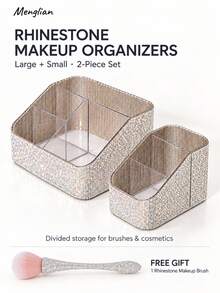 Rhinestone Makeup Organizer, Large & Small Sizes, Single Organizer Or Matching-Color 2pcs Set, Divided Makeup Brush Holder & Nail Art Tool Organizer, Beauty Tool Storage For Vanity, Sparkling Bedroom & Room Decor - Multicolor - View 4