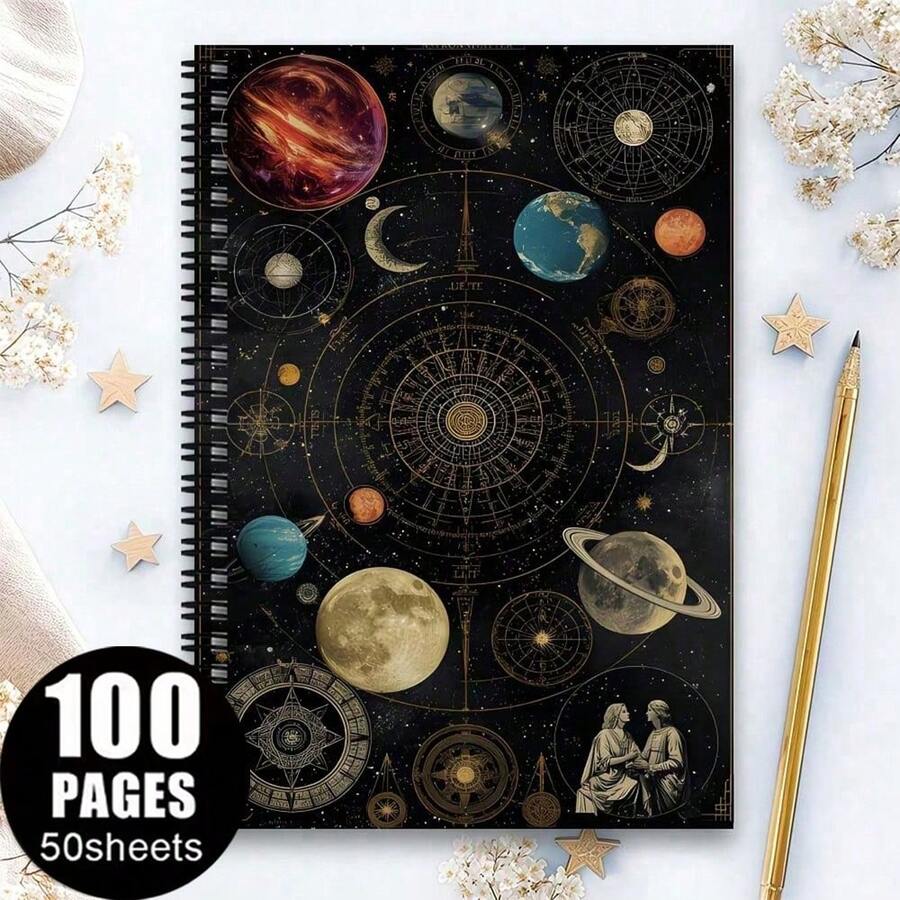 1 buah Buku Catatan Spiral Bertema Langit Berbintang dan Planet, Jurnal Perjalanan & Perencana Kantor Bertema Astronomi Klasik, Desain Bintang Emas, Buku Jadwal Pribadi untuk Motivasi Belajar - K - View 1