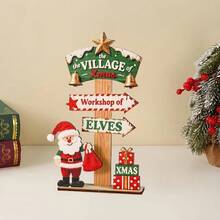 2D Flat Printed 2pcs Wooden Desktop Decor, Christmas Village Road Sign & Santa Mailbox Ornament With Gift, Bell And Star Elements, Suitable For Home, Bar, Pub Christmas Tabletop Decoration - A - View 4