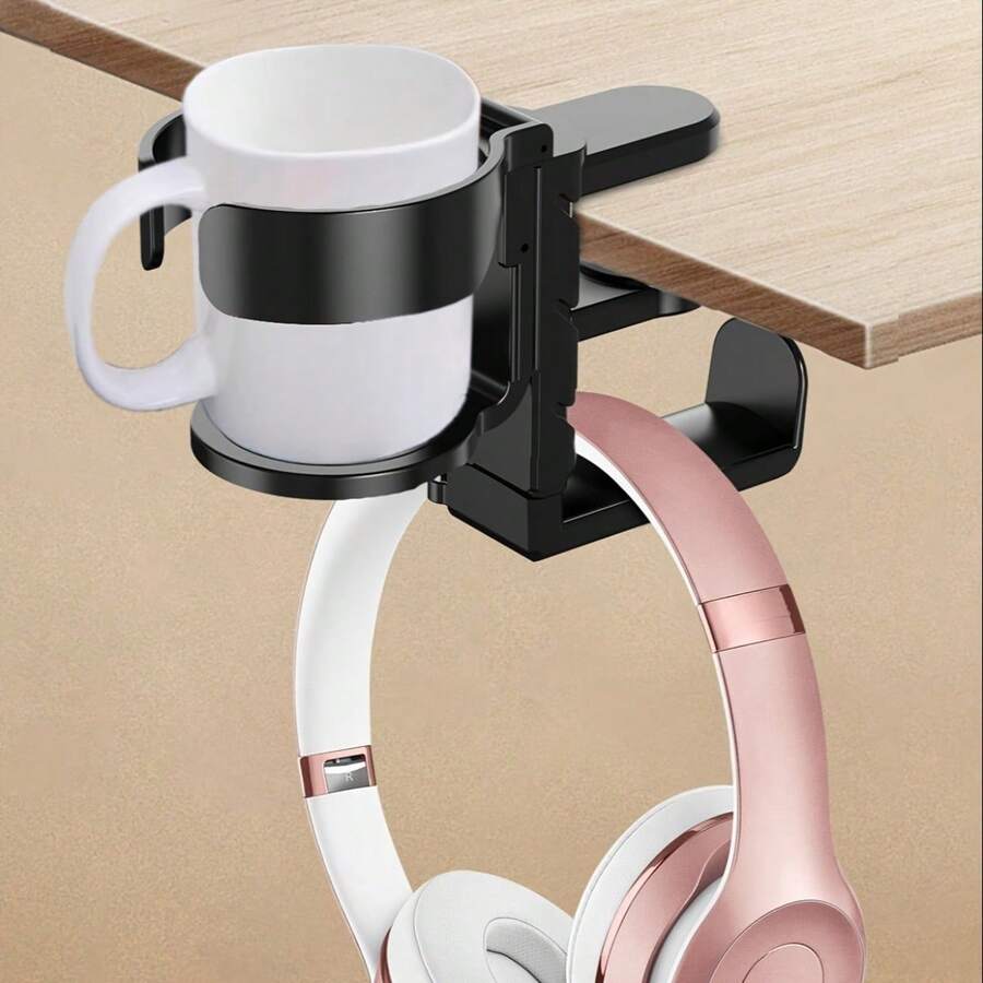 2-In-1 Table Cup And Earphone Stand - Gaming Earphone Stand 360 ° Flexible Rotation Multi Functional Storage For Office Home Gaming Space Saving Simple And Convenient Suitable Computer Desk Desk - Black - View 1