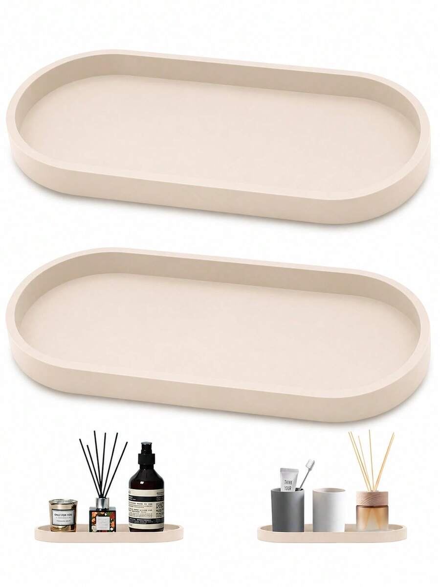 Modern Silicone Vanity Tray 2 Packs, Oval Bathroom Countertop Organizer, Minimalist Storage Tray For Perfume, Cosmetics, Jewelry, Candles And Toiletries