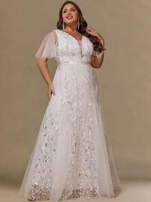 Women Plus Size V-Neck Sequins Evening Dress For Wedding Bridal Shower Bachelorette Party Prom Homecoming Gowns Formal Maxi Dresses - White - View 6
