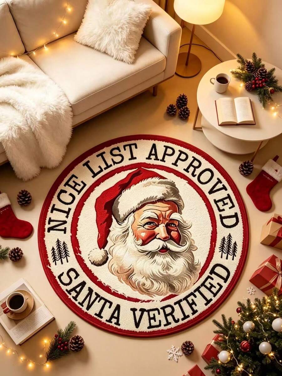 1pc Round Santa Claus Letter Rug, Decorative Rug, Bedroom Decor, Small Rug, Rug, Home Decor, Living Room Rug, Living Room Small Rug, Bedroom Rug, Living Room Home Decor - Multicolor - View 1