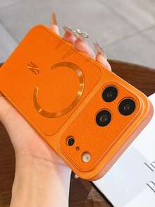 Premium Litchi Texture CD Pattern Magnetic Wireless Charging Phone Case, Compatible With IPhone 17 Pro Max 17 Pro 16 Pro Max 15 Pro Max 14 Pro 13 12, Luxury Matte Lens Protection Shockproof Cushion Back Cover - Orange - View 3