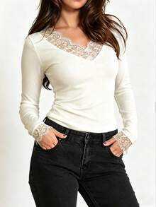 Women's Autumn Gothic Style Casual Colorblock Lace Long Sleeve Blouse - White - View 3