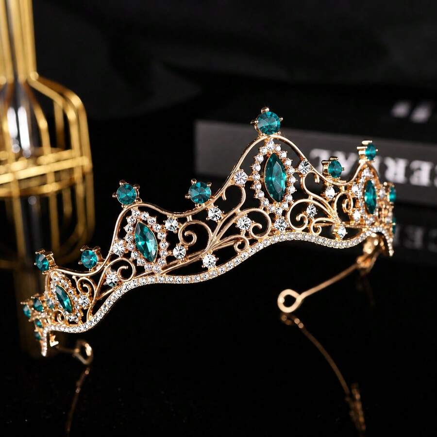 1pc Women's Fashion Princess 3D Crown Sweet Luxury Rhinestone Birthday Hair Accessory Headband - Green - View 1