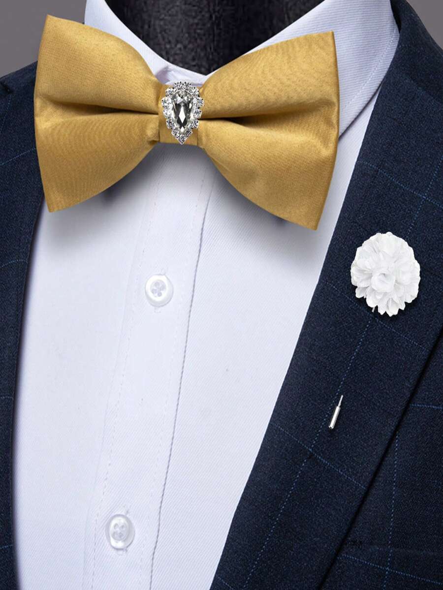 Set Dasi Kupu-Kupu Pria Warna Kuning Mustard Sederhana, 3 Buah Cincin Berlian Imitasi yang Dapat Dilepas & Bunga Kancing, Aksesori Pernikahan Formal - Mustard Yellow - View 1