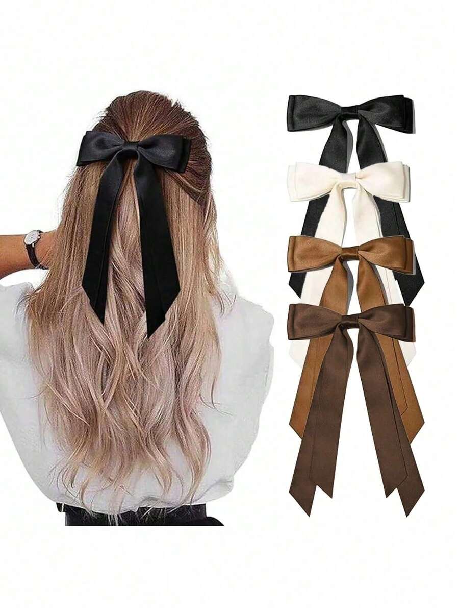 4 buah Jepit Rambut Ekor Panjang Satin dengan Pita, Aksesori Rambut Pita Sutra Musim Gugur, Jepit Rambut Gaya Prancis, Cocok untuk Wanita dan Anak Perempuan yang Mengikat Rambut Ekor Kuda - MultiWarna - View 1