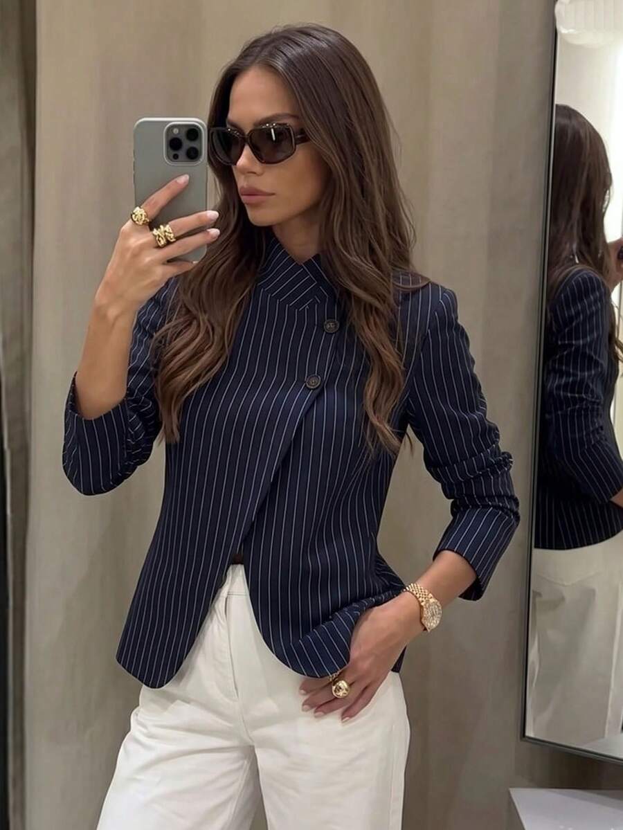 女款條紋休閒西裝外套－復古優雅結合洗練自信的專業風格，適合秋季（無內裡）