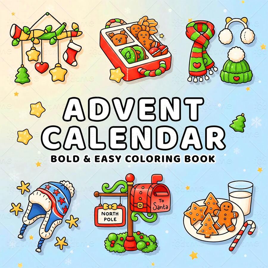 Advent Calendar Bold & Easy Coloring Book, Cute Christmas Winter Holiday Simple Line Art, 120g Thick Inner Paper, Bold Outlines For Adults & Teens, Gingerbread, North Pole Mailbox, Winter Accessories Xmas Scenes, Stress Relief Coloring Pages Gift