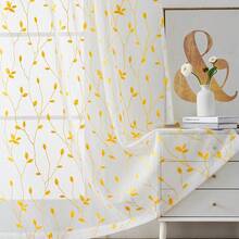 2pcs Embroidered Semi-Sheer Curtains, Light Filtering, Suitable For Kitchen, Home Or Office, Solid Color Design, Modern Country Style, Suitable For Bedroom And Living Room Use - Yellow - View 5
