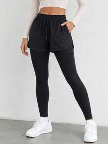 Women's 2-In-1 Sports Leggings With Shorts Layer, High Waist Drawstring, Black Full Length Active Pants. - Black - View 6