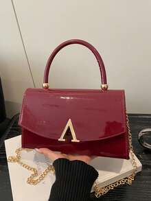 Wine Red Patent Leather Top Handle Bag, Women A‑Shape Metal Buckle Flap Chain Crossbody Shoulder Purse - Burgundy - View 2