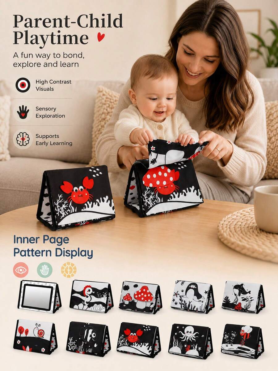 Newborn Visual Stimulation Mirror Cloth Book, Triangular Stand Design, Stable Placement, Soft Mirror Guides Baby Self-Discovery, Multiple Series Theme Patterns Available, High Contrast Patterns Exercise Visual Tracking, Washable Fabric, Soft With No Hard Edges, Early Childhood Sensory Education Toy Cloth Book For Infants, Christmas Halloween Gift