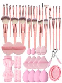 49Pcs/30Pcs/19pcs Pink Makeup Brushes Wrist Headband Eyelash Curler Silicone Brush Cleaner Triangle Puff Finger Puff Makeup Sponge Soft Brushes Set Dry Wet Use Cosmetic Sponge Beauty Tool Set - Pink - View 10
