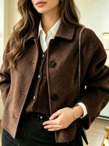 Women's Loose Short Jacket, Lapel Front Button Short Coat, Suitable For Daily Wear - Coffee Brown - View 4