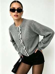 New Autumn/Winter Gray Round Neck Ruffle Trim Knit Cardigan For Women, Contrast Button Long Sleeve Soft Comfortable Sweater Jacket - Grey - View 2