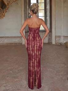 Elegant Strapless Backless Tie-Up Fitted Long Evening Dress, Women's First Choice For Evening Party - Burgundy - View 5