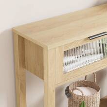 Mesa Consola Para Recibidor Con Cajone De Vidrio Acanalado, Mesa De Entrada Moderna De 2 Niveles Con Estante Abierto, Mesa Estrecha Para Pasillo o Detrás Del Sofá, 110cm, Estilo Industrial/Minimalista - madera natural - Ver 3