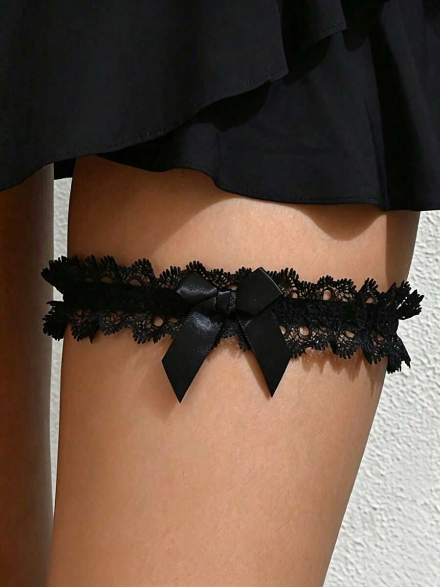 1pc Bridal Lace Bow Elastic Thigh Band, Daily Outfit Accessory, Sweet & Cool Hot Girl Leg Decoration - Multicolor - View 1