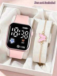 2Pcs/Set Girls Fashion Elegant LED Digital Display Square Electronic Watch With Pink Butterfly Bracelet, Suitable For Girls To Wear, As Birthday/Holiday Gift For Girls, Suitable For Back To School, Party And Travel And Other Daily Life. It Is An Excellent Gift For Girls During Graduation Season, Back To School Season And Holidays (Gift Box Not Included) - Pink - View 8