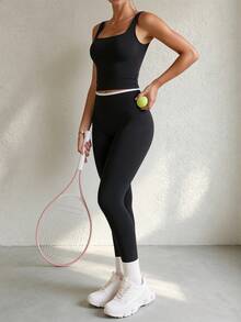 Contrast Color Seamless High Elastic High Waist Sports Leggings - Black and White - View 7