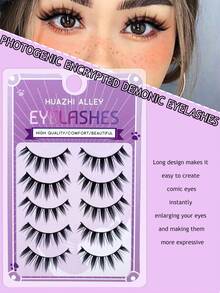 5 Pairs Wet Manga Style Pointed Eyelashes, Thick & Voluminous Curly Doll Big Eye False Eyelashes, Soft Synthetic Fiber For Date & Daily Wear - Black - View 3