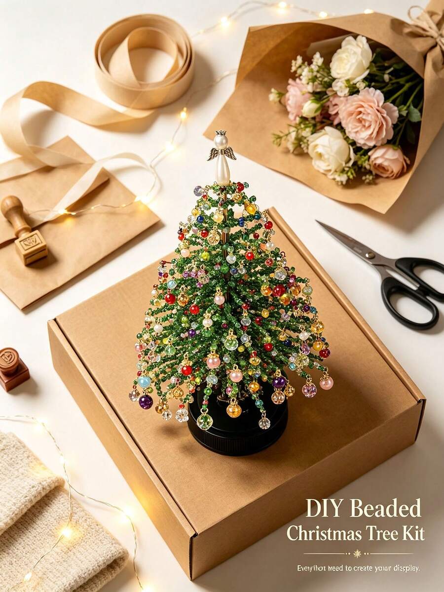 1 Set DIY Beaded Christmas Tree Kit, Handmade Beaded Craft Decoration, Includes Colorful Beads, Hanging Ornaments, Tree Topper And Base, Suitable For Desktop Holiday Display, Winter Home Decor, Christmas Party Decoration, Christmas DIY Craft