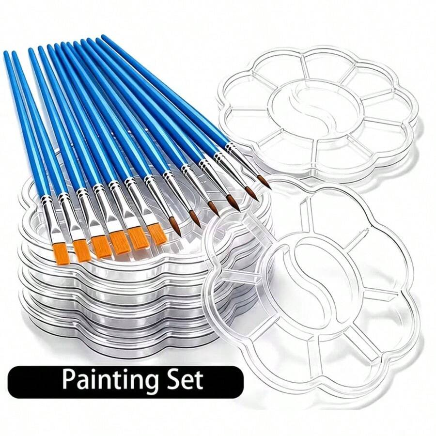 56pcs Mini Flower-Shaped Plastic Palette And Nylon Paintbrush Set, Suitable For Acrylic Paint, Oil Paint And Watercolor Paint, Ideal For Outdoor Painting, Model Making And Christmas And New Year DIY Palette Craft Projects - Sets - View 1