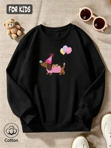 Cute Girls' Round Neck Sweatshirt, Printed With Cartoon Puppy, Balloon And Pink Polka Dot Pattern - Black - View 2