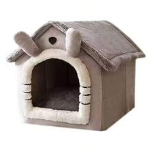 Rumah Hewan Peliharaan Berbentuk Vila Kartun Abu-abu, Sarang Hangat Tertutup yang Dapat Dilepas dan Dicuci, Tempat Tidur Gua Universal Empat Musim untuk Anjing dan Kucing Kecil - Grey - View 15